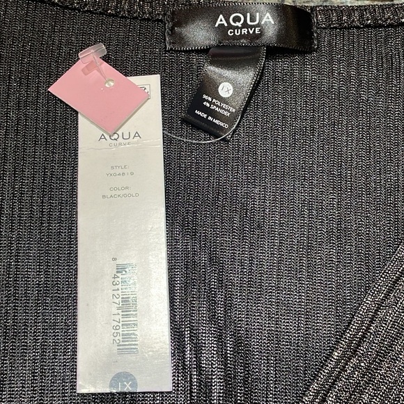 Aqua Curve 1X black gold dress blouse V neck elastic under bust flowy bottom NWT - Picture 8 of 14